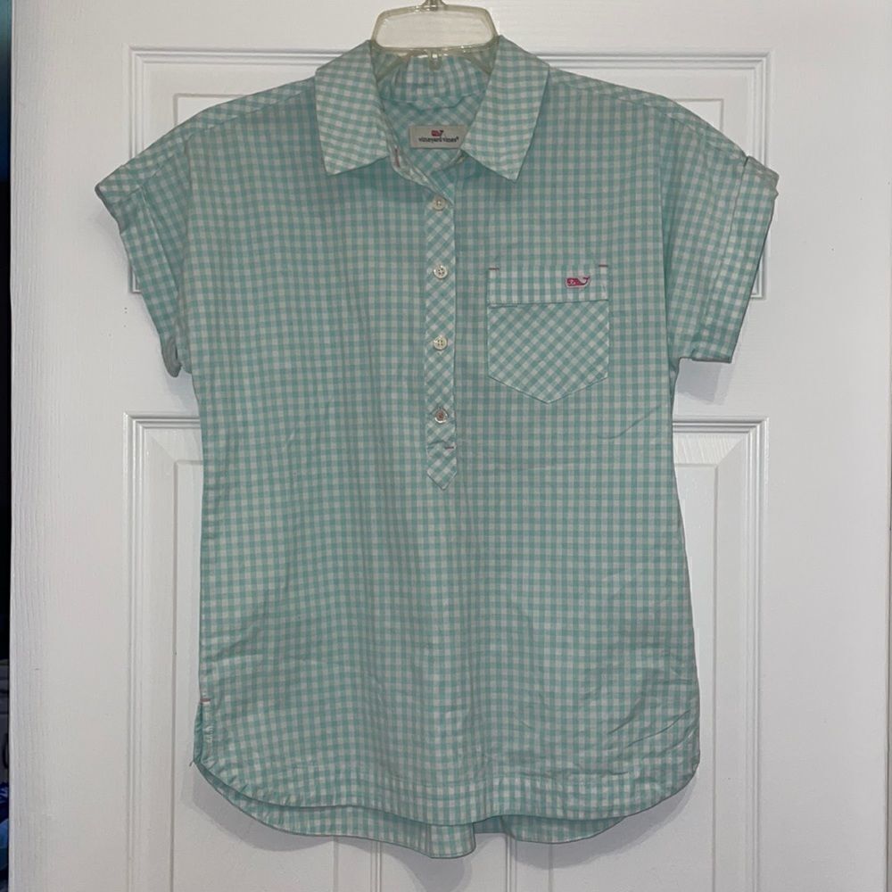 Vineyard Vines Light Green & White Gingham Popover Top